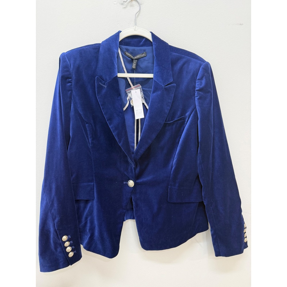 White House Black Market Velvet Blazer Size 14 Blue Gold Button Jacket NEW